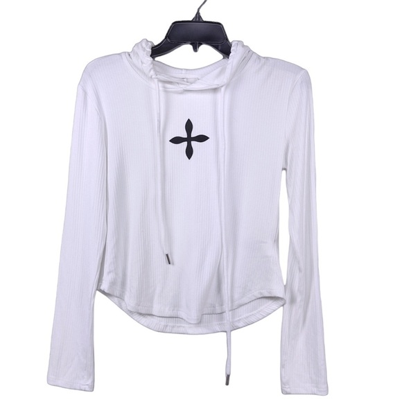 SMFK White Ribbed Jersey Knit Drawstring Hoodie Sweatshirt Long Sleeve Size M - Picture 1 of 10